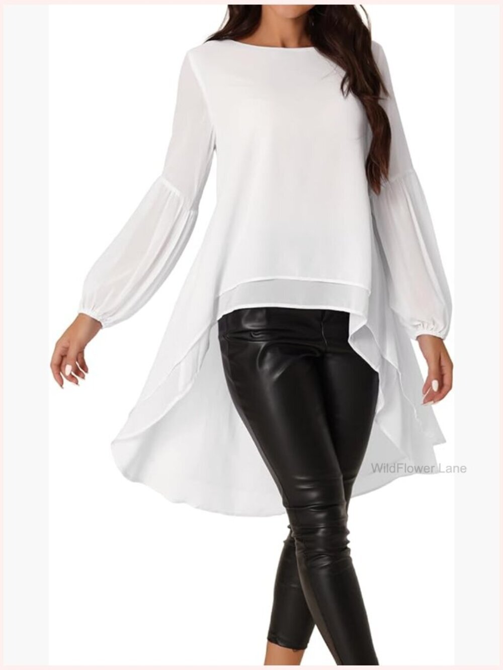 Women's High Low Lantern Sleeve Chiffon Tunic Blouse Asymmetrical Dressy Casual